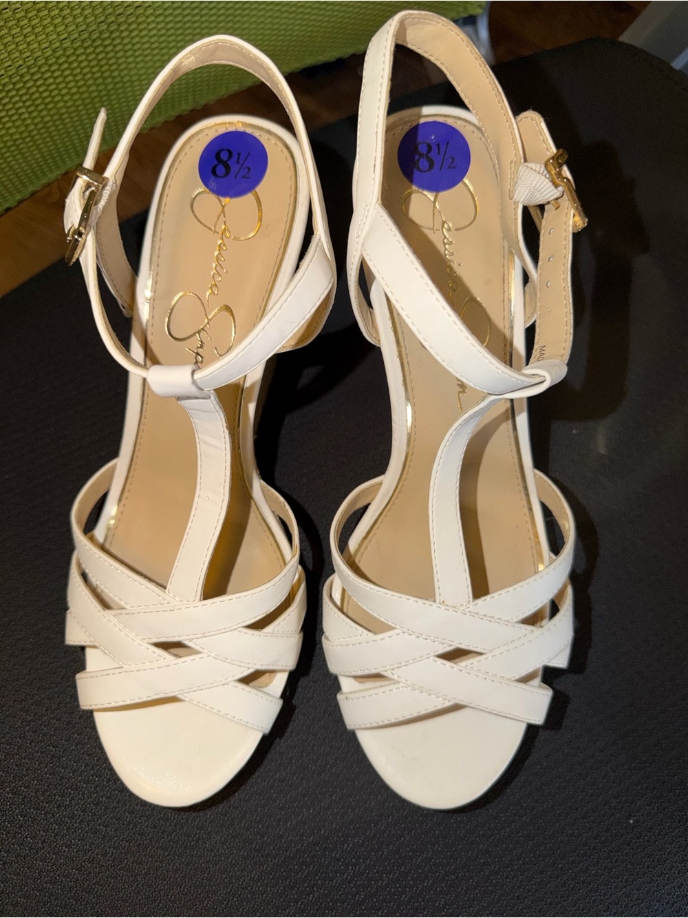 Jessica Simpson Cream Strappy T‑Bar heel wedges